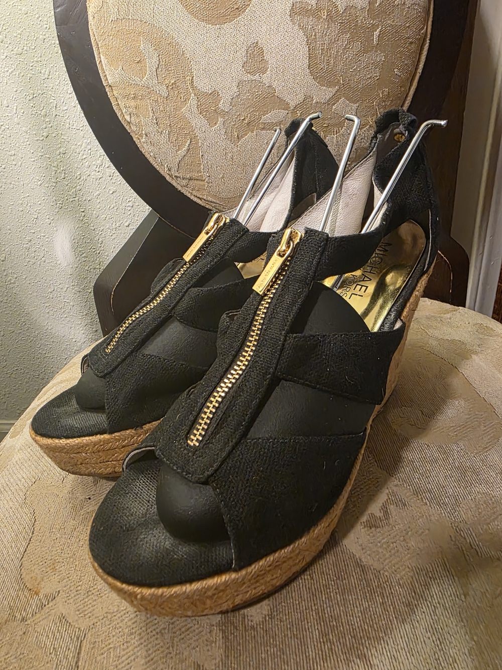 Michael Kors Black Wedge Espadrille Sandals with Gold Zip